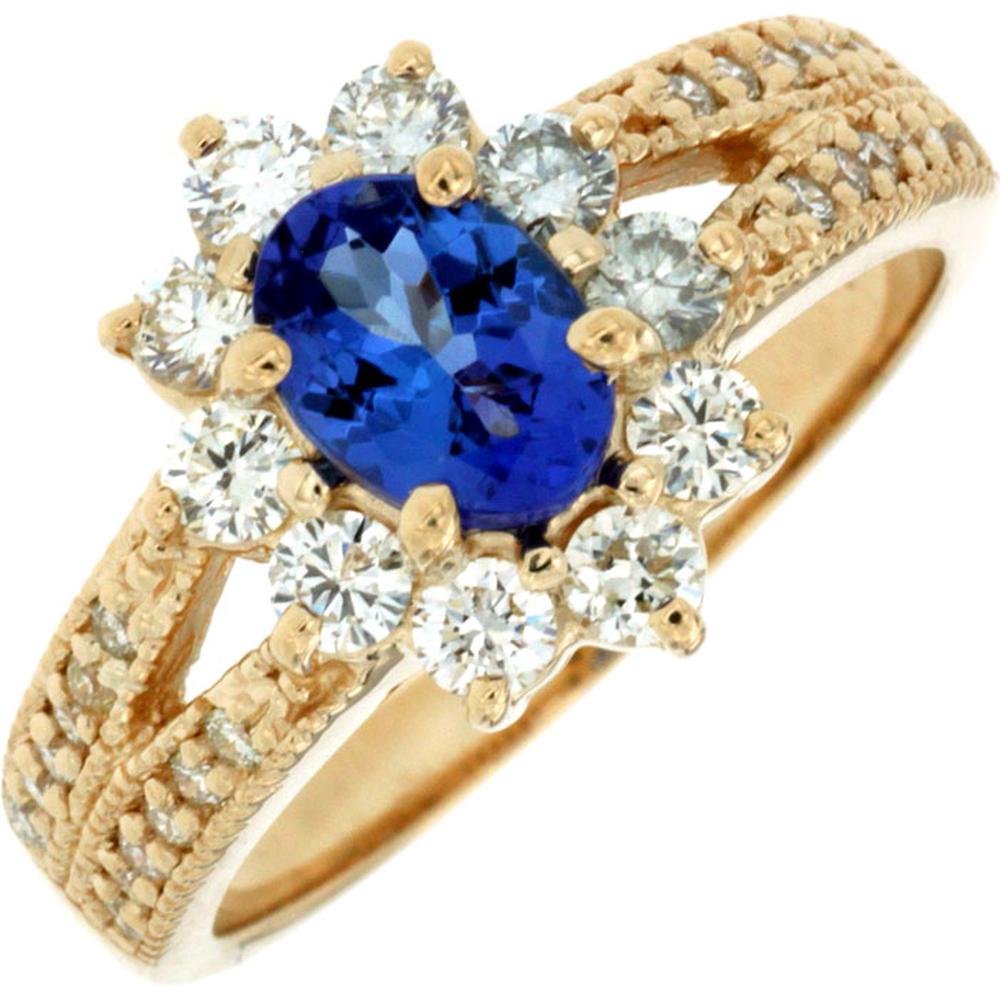 Royal 14K Yellow Gold Oval Tanzanite and Diamond Halo Ring with Split Shank - 0.85 Carats Tanzanite and 0.84 Carats Diamonds