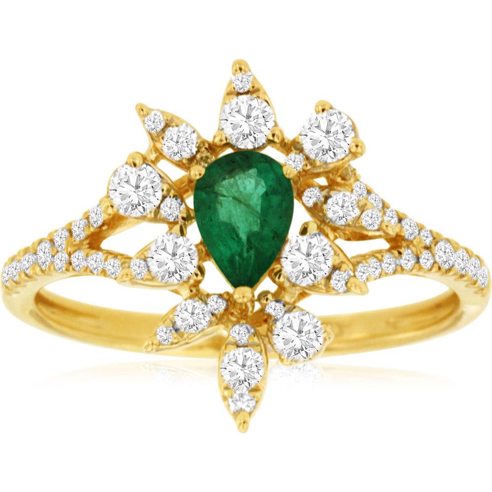 Royal 14K Yellow Gold Pear Emerald & Diamond Ring - 0.83 Carat Total Gem Weight