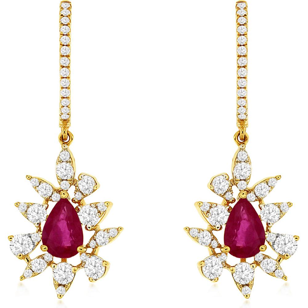 Royal 14K Yellow Gold Pear Ruby & Diamond Earrings - 1.65 Carat Total Gem Weight
