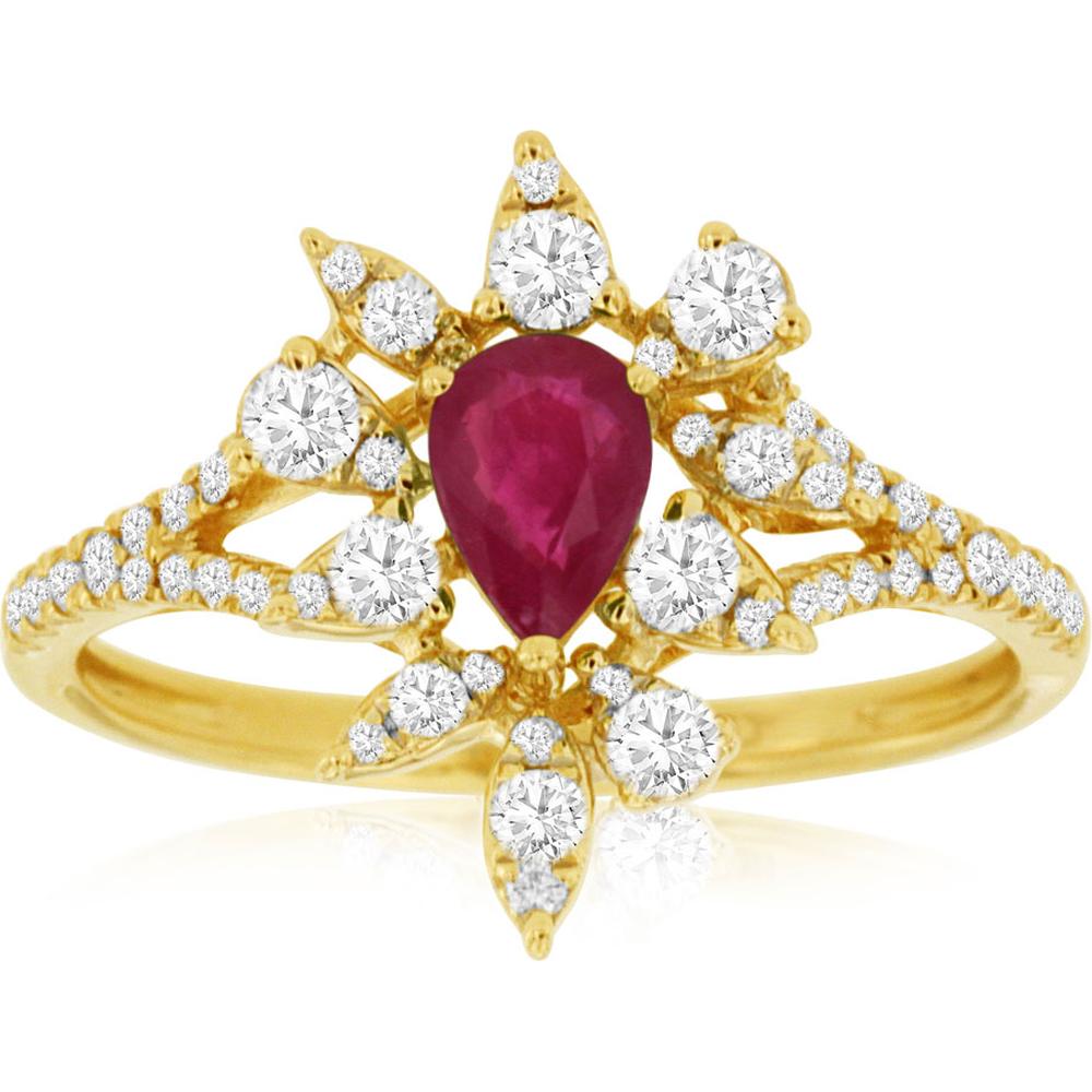 Royal 14K Yellow Gold Pear Ruby & Diamond Ring - 0.45 Carat Ruby, 0.45 Carat Diamonds