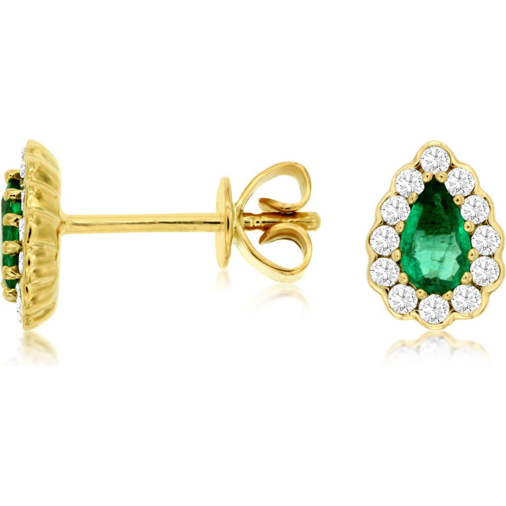 Royal 14K Yellow Gold Pear-Shaped Emerald and Diamond Halo Earrings - 0.42 Carat Emerald, 0.21 Carat Diamond