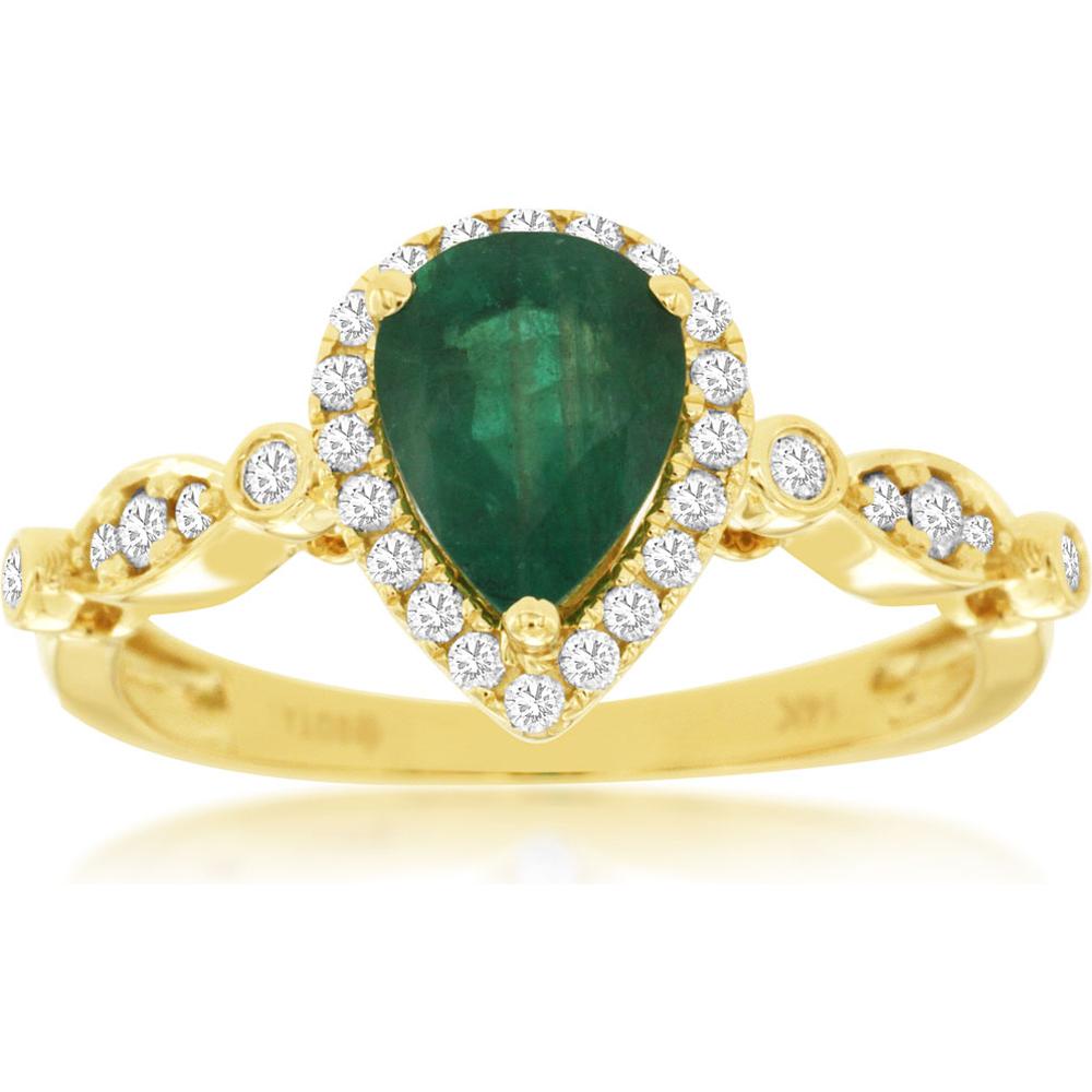 Royal 14K Yellow Gold Pear-Shaped Emerald and Diamond Halo Ring - 1.10 Carats Emerald, 0.25 Carats Total Diamond Weight