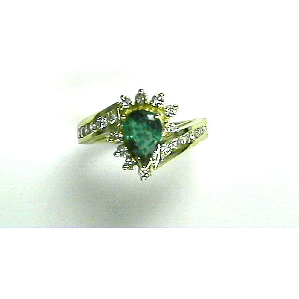 Royal 14K Yellow Gold Pear-Shaped Emerald and Diamond Halo Ring with Accent Diamonds - 1.85 Carats Total Weight