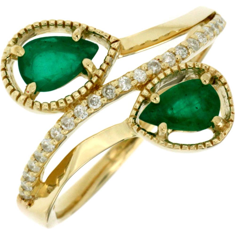 Royal 14K Yellow Gold Pear-Shaped Emerald and Diamond Ring - 0.75 Carat Emerald, 0.12 Carat Diamond Total