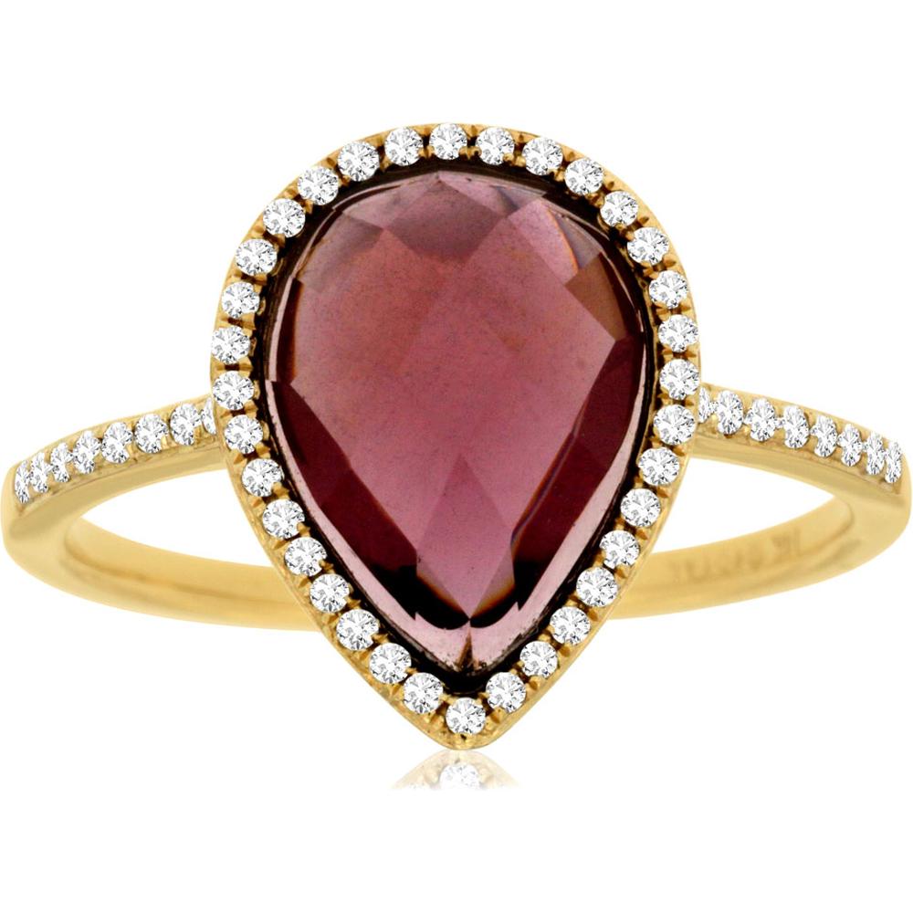 Royal 14K Yellow Gold Pear-Shaped Rhodolite Ring with Diamond Halo - 2.90 Carats Rhodolite and 0.15 Carats Total Diamond Weight