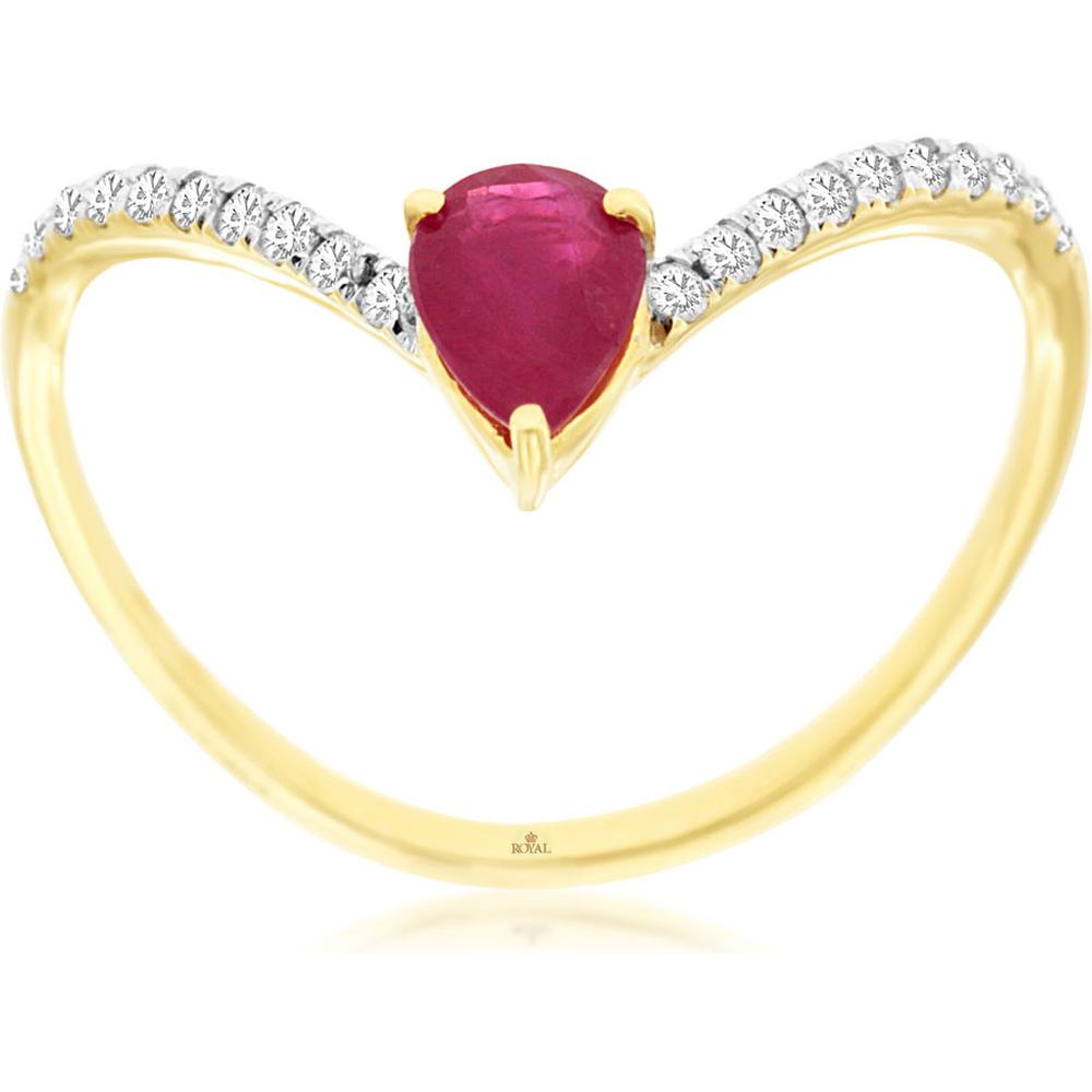 Royal 14K Yellow Gold Pear-Shaped Ruby and Diamond Ring - 0.45 Carat Ruby, 0.14 Carat Diamond Total Weight
