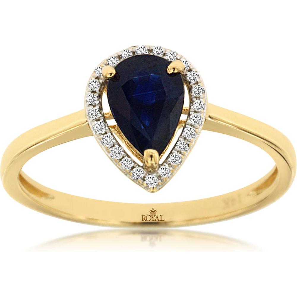 Royal 14K Yellow Gold Pear Shaped Sapphire & Diamond Halo Ring - 0.88 Carats Sapphire, 0.08 Carats Diamond Total Weight