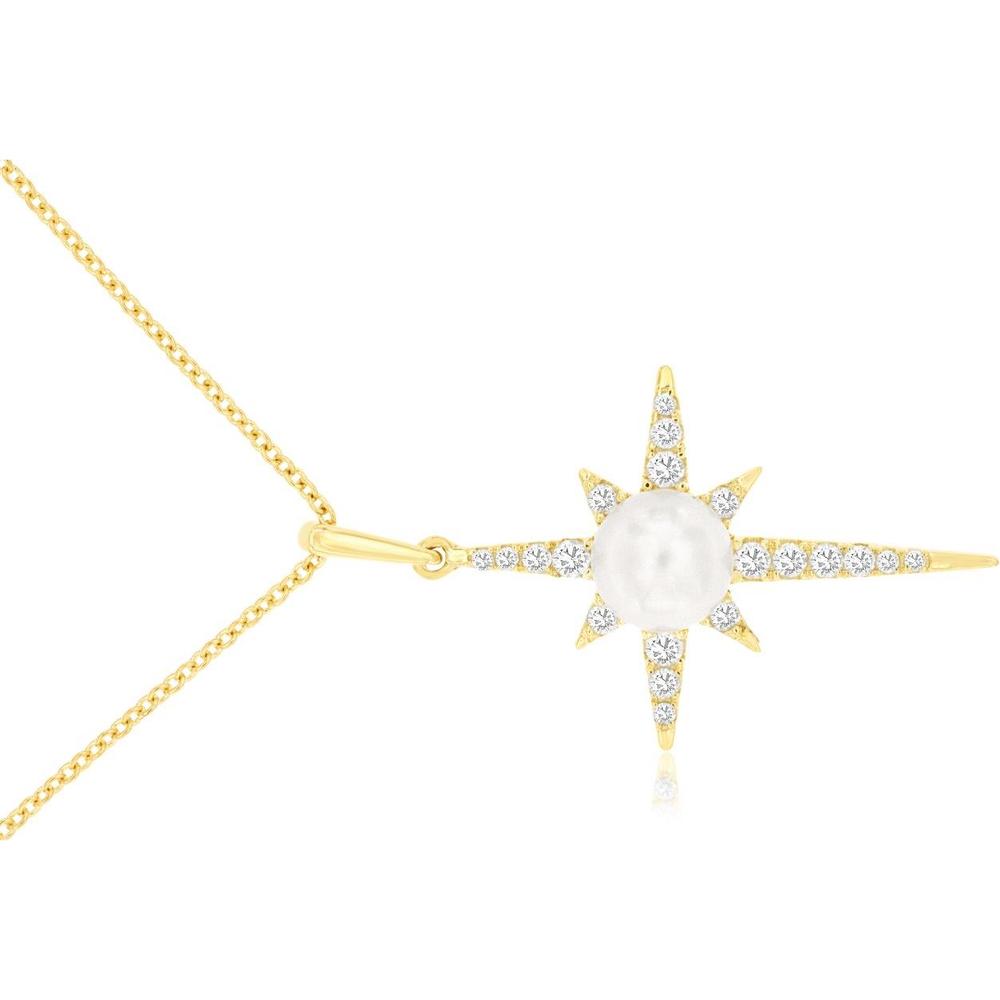 Royal 14K Yellow Gold Pearl & Diamond Necklace with Starburst Design - 0.20 Carat Diamond Weight