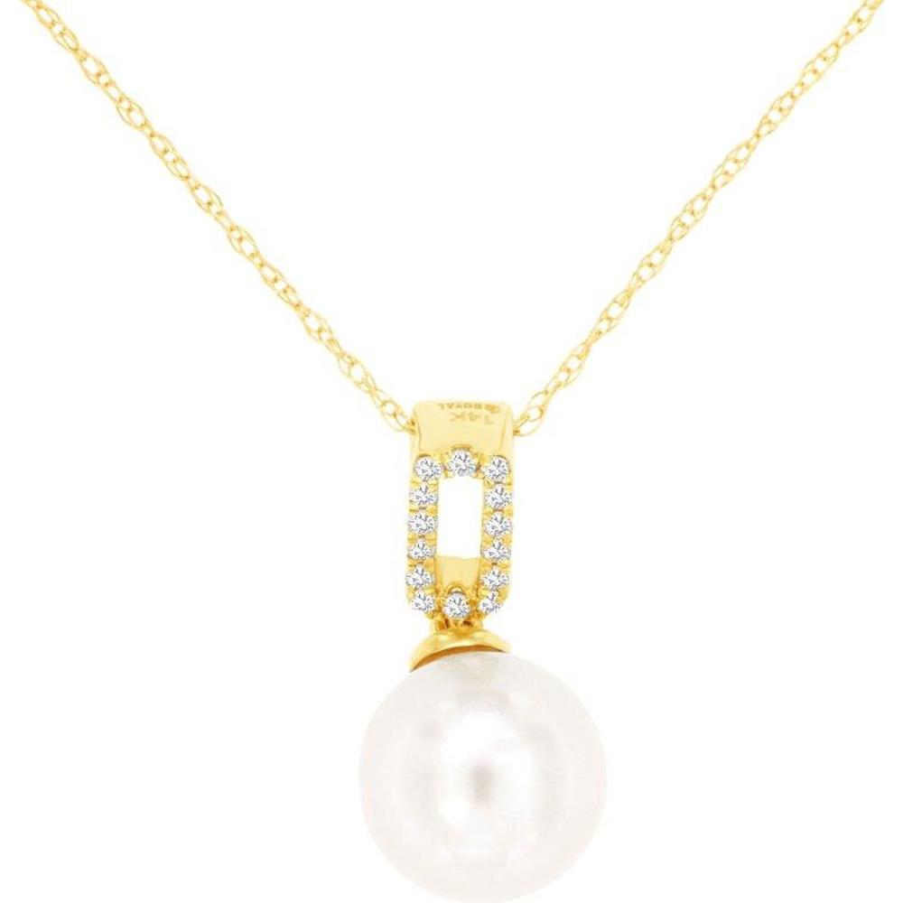 Royal 14K Yellow Gold Pendant Necklace with 0.05 Carat Diamond and Single Pearl