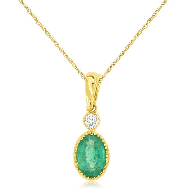 Royal 14K Yellow Gold Pendant Necklace with Bezel Set Oval-Cut Emerald and Brilliant-Cut Diamond Accent - 0.44 Carat Total Gem Weight