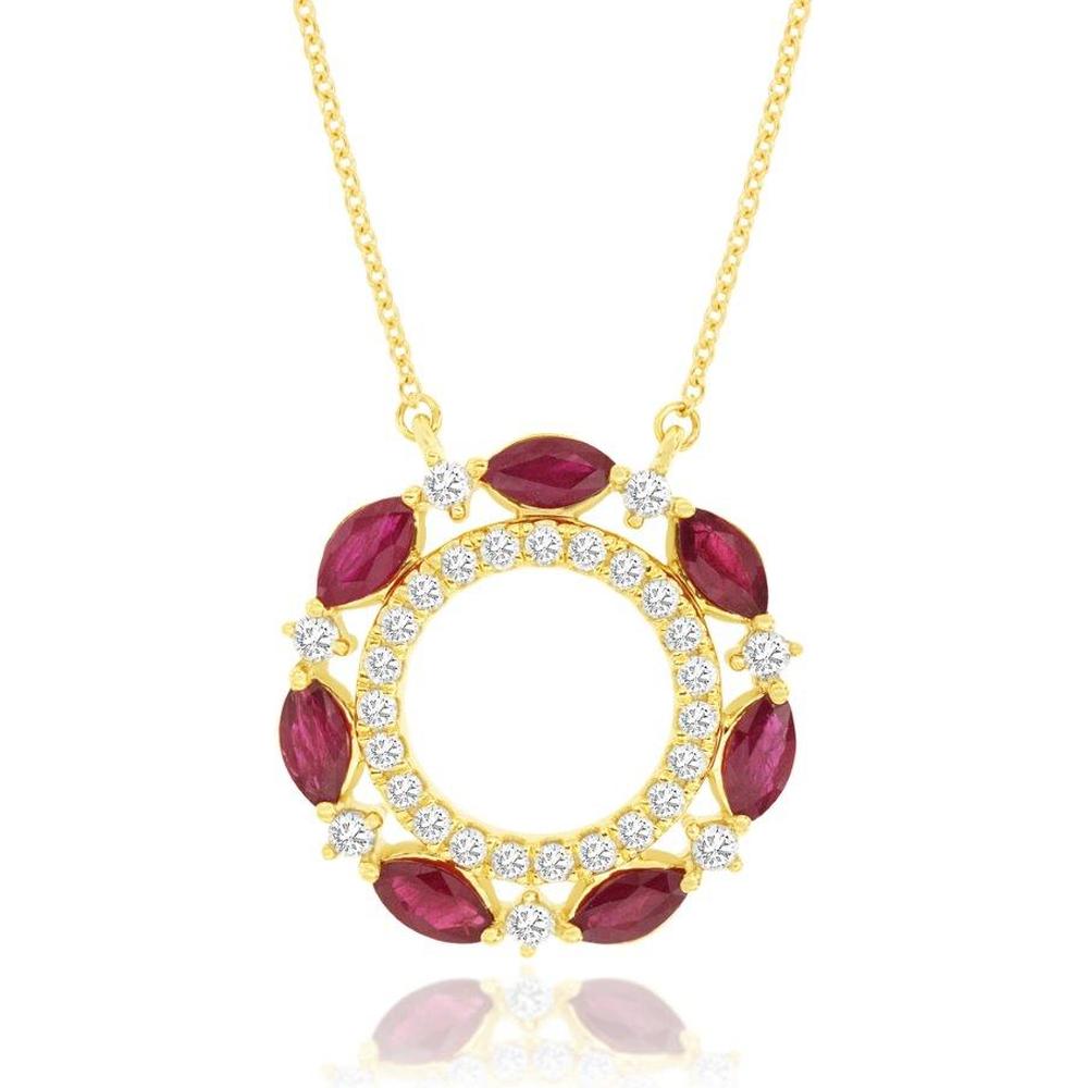 Royal 14K Yellow Gold Pendant Necklace with Marquise Rubies and Round Diamonds - 1.55 Carat Total Gem Weight