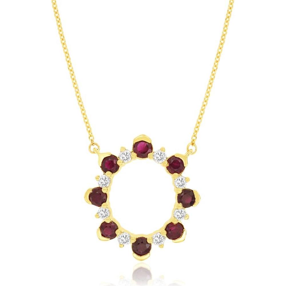 Royal 14K Yellow Gold Pendant Necklace with Round Rubies and Diamonds - 0.95 Carat Ruby, 0.29 Carat Diamond