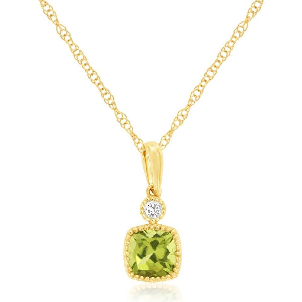 Royal 14K Yellow Gold Pendant with 0.61 Carat Cushion-Cut Peridot and 0.03 Carat Diamond Accent