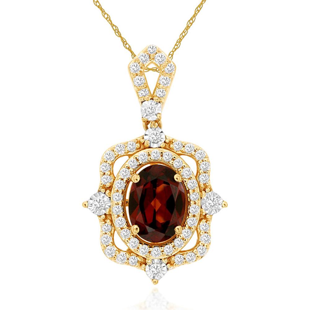 Royal 14K Yellow Gold Pendant with 0.90 Carat Oval Garnet and 0.25 Carat Diamond Halo
