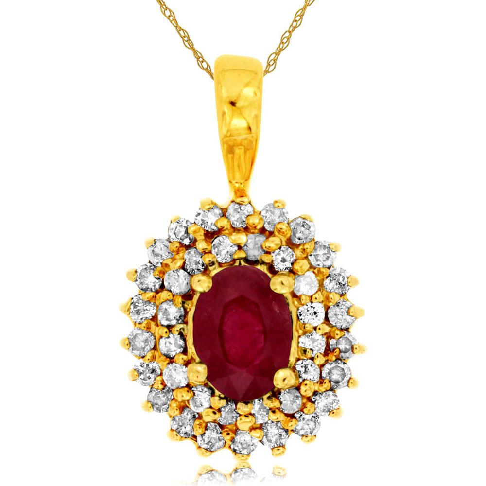 Royal 14K Yellow Gold Pendant with 0.90 Carats Oval Ruby and 0.55 Carats Round Diamond Halo