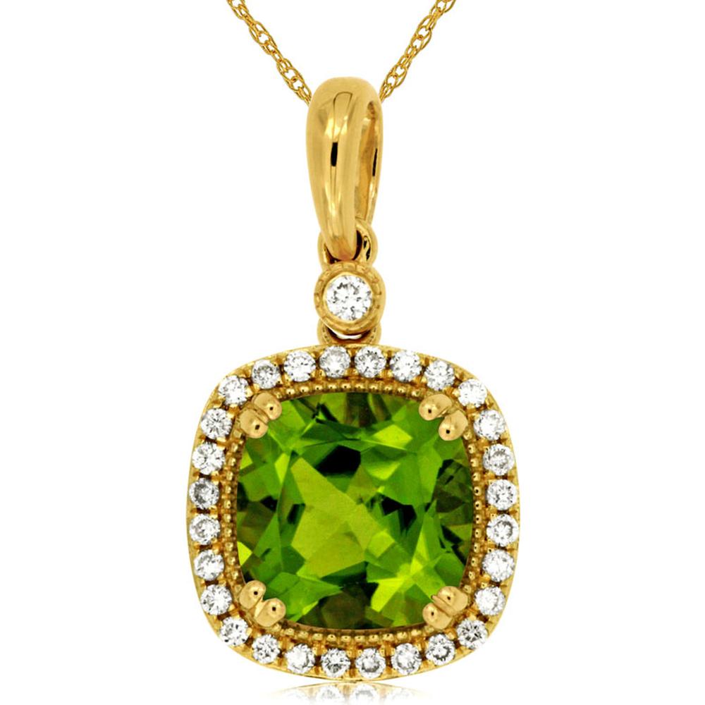 Royal 14K Yellow Gold Pendant with 2.10 Carat Cushion-Cut Peridot and 0.18 Carat Diamond Halo