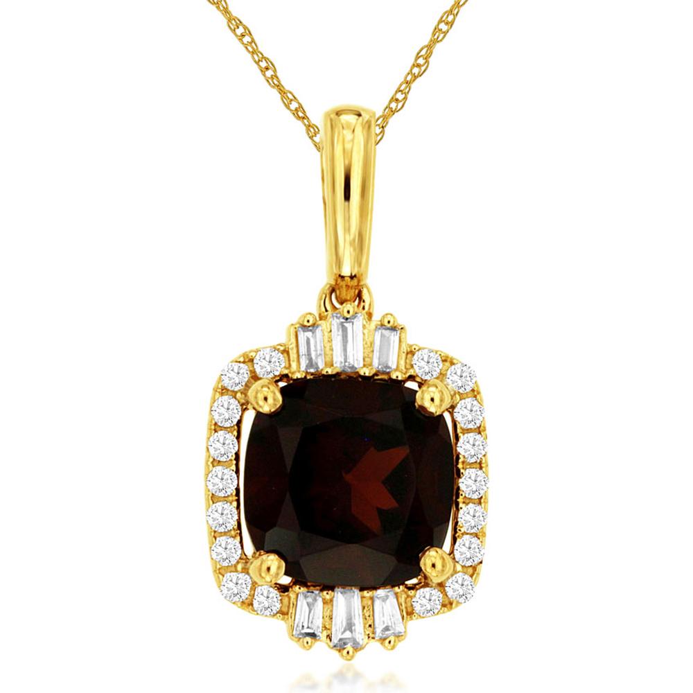 Royal 14K Yellow Gold Pendant with 2.75 Carat Cushion Cut Garnet and 0.18 Carat Diamond Halo