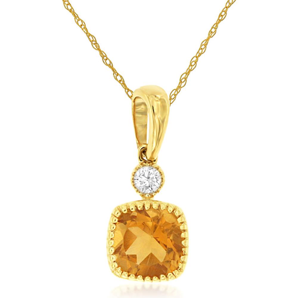 Royal 14K Yellow Gold Pendant with Cushion-Cut Citrine and Round Diamond - 0.56 Carat Citrine, 0.03 Carat Diamond