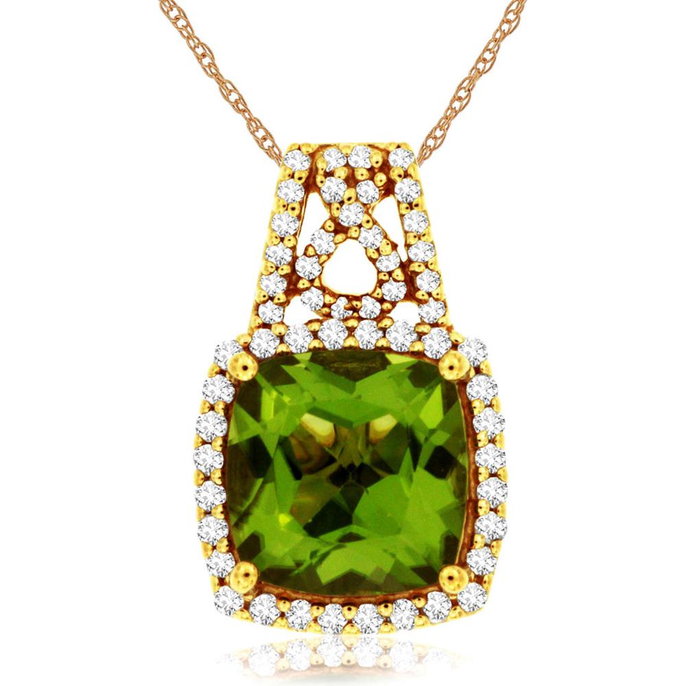 Royal 14K Yellow Gold Pendant with Cushion Cut Peridot and Diamond Halo - 2.33 Carat Total Weight