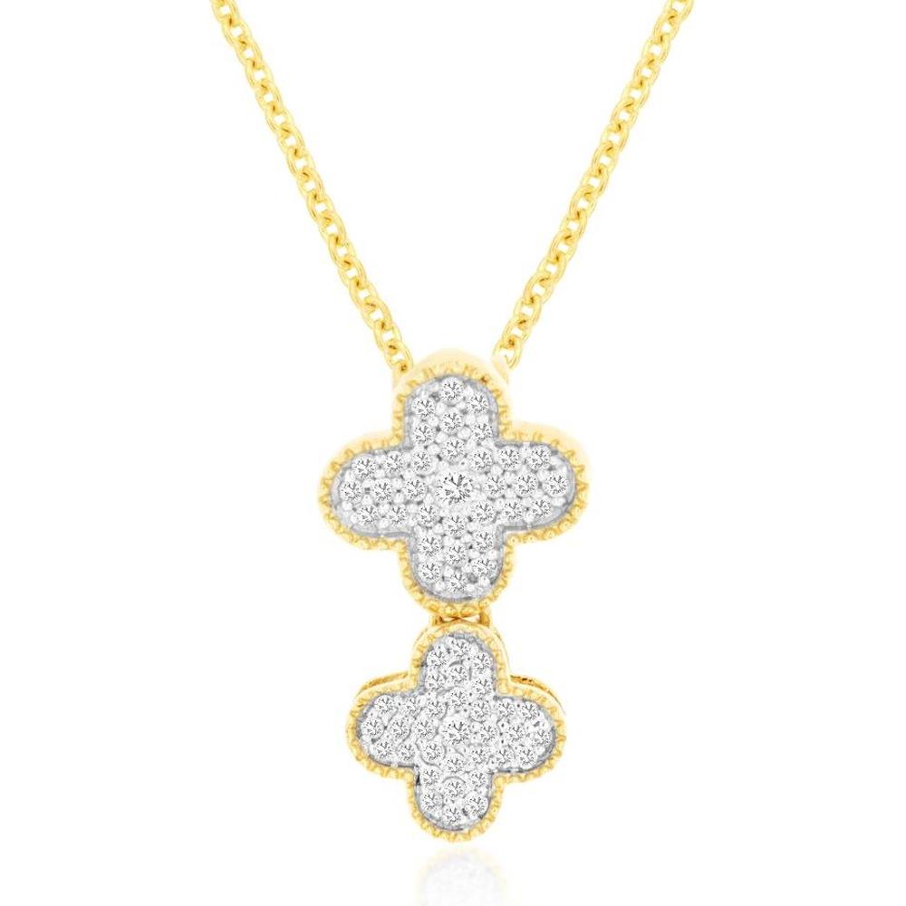Royal 14K Yellow Gold Pendant with Dual Floral Diamond Motifs - 0.17 Carat Total Diamond Weight