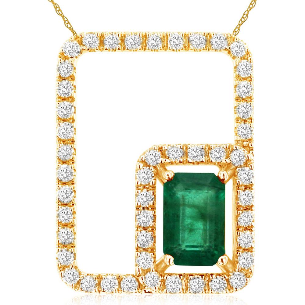 Royal 14K Yellow Gold Pendant with Emerald-Cut Emerald and Round Diamonds - 0.88 Carat Total Gem Weight