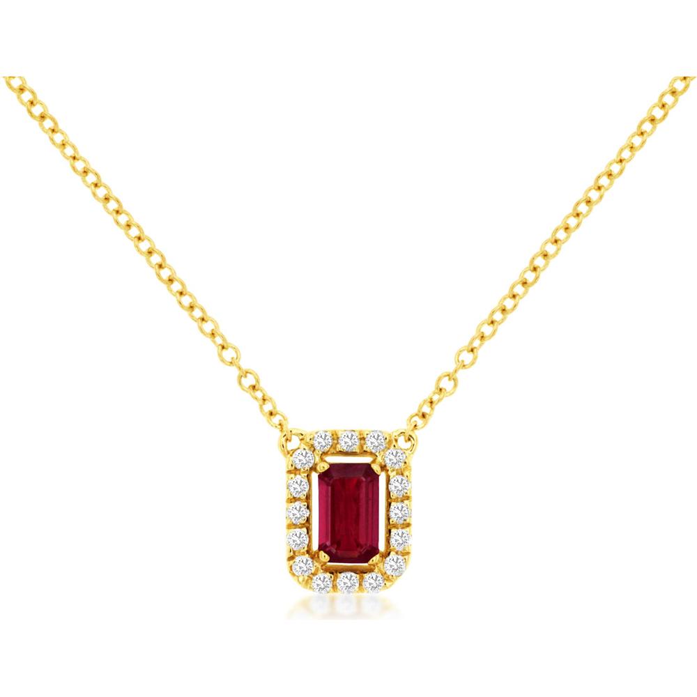 Royal 14K Yellow Gold Pendant with Emerald Cut Ruby and Diamond Halo - 0.46 Carat Total Weight