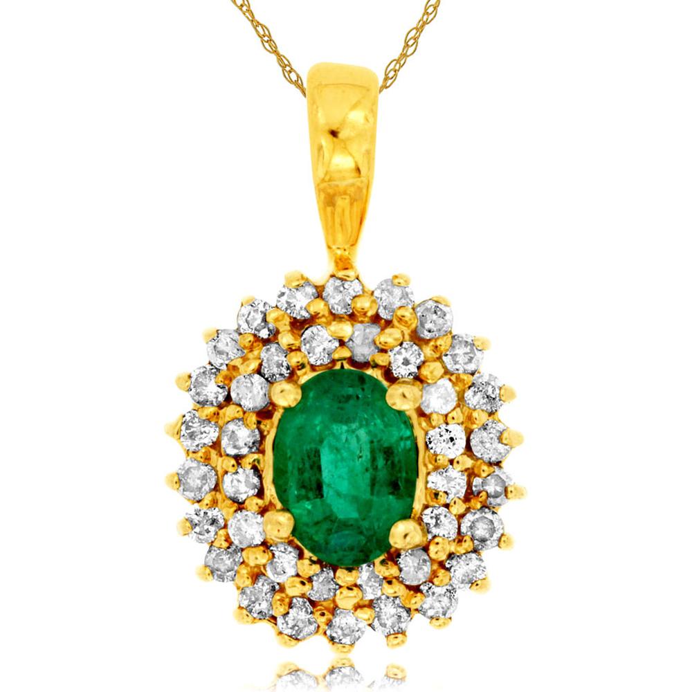 Royal 14K Yellow Gold Pendant with Oval 0.80 Carats Emerald and 0.55 Carats Round Diamond Halo