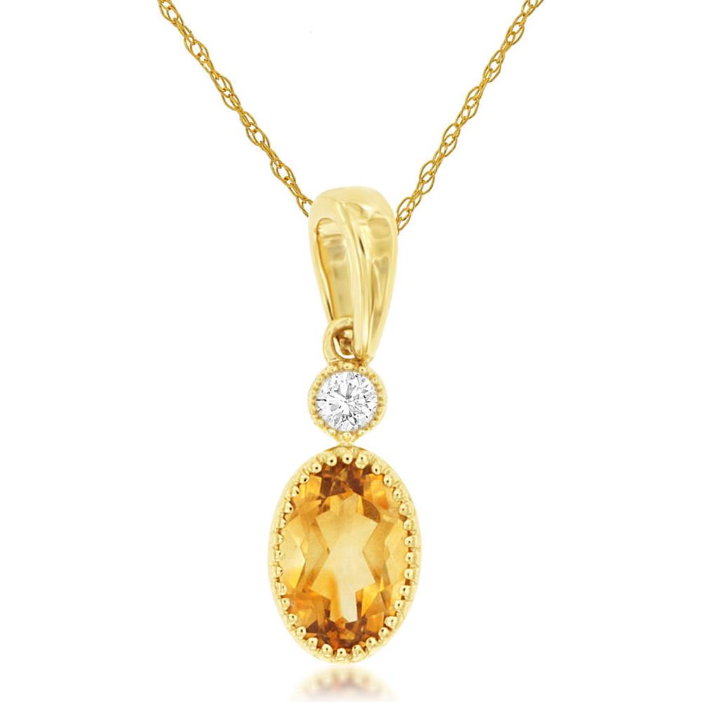 Royal 14K Yellow Gold Pendant with Oval Citrine and Bezel Set Diamond - 0.43 Carat Total Gem Weight