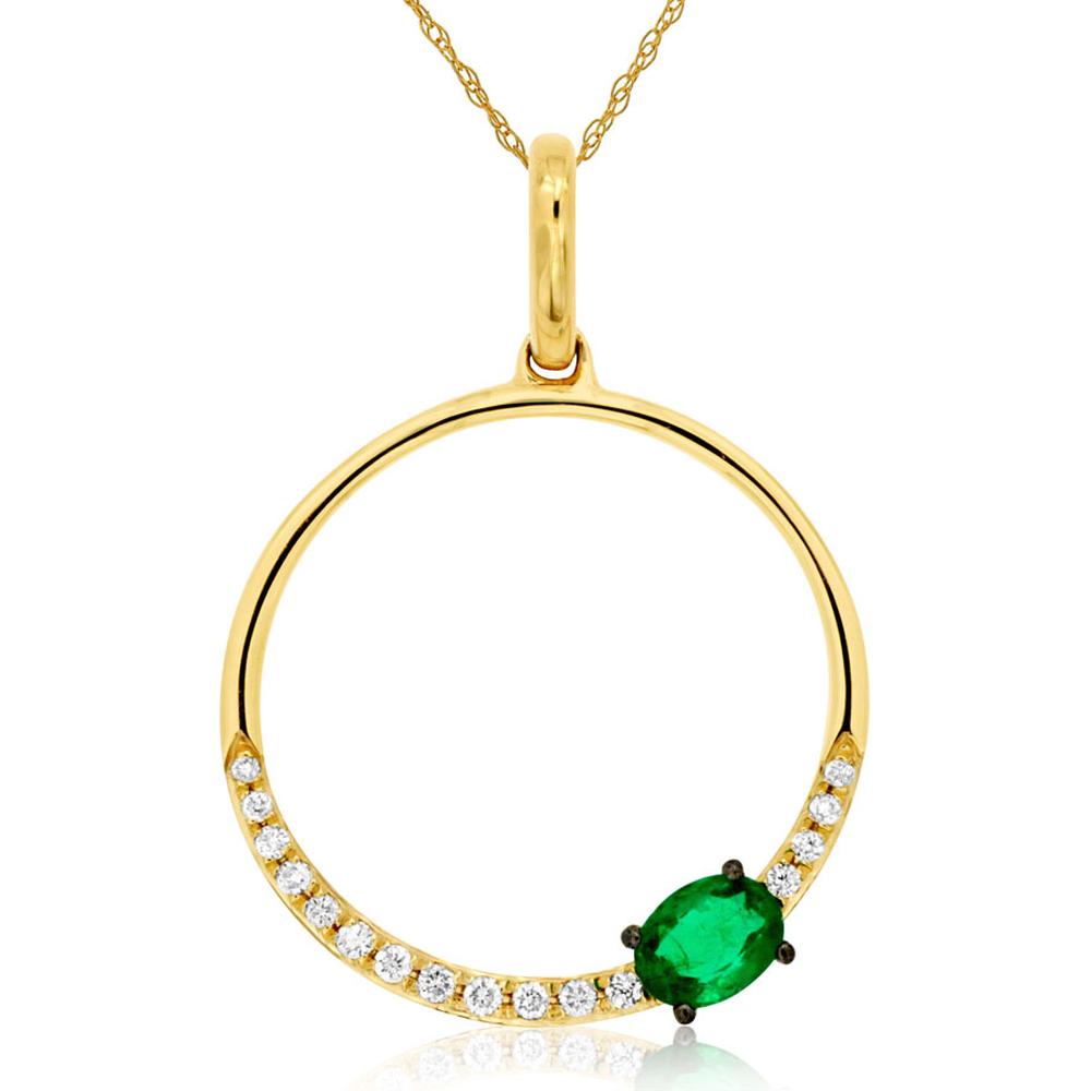 Royal 14K Yellow Gold Pendant with Oval Emerald and Diamond Accents - 0.27 Carat Total Weight