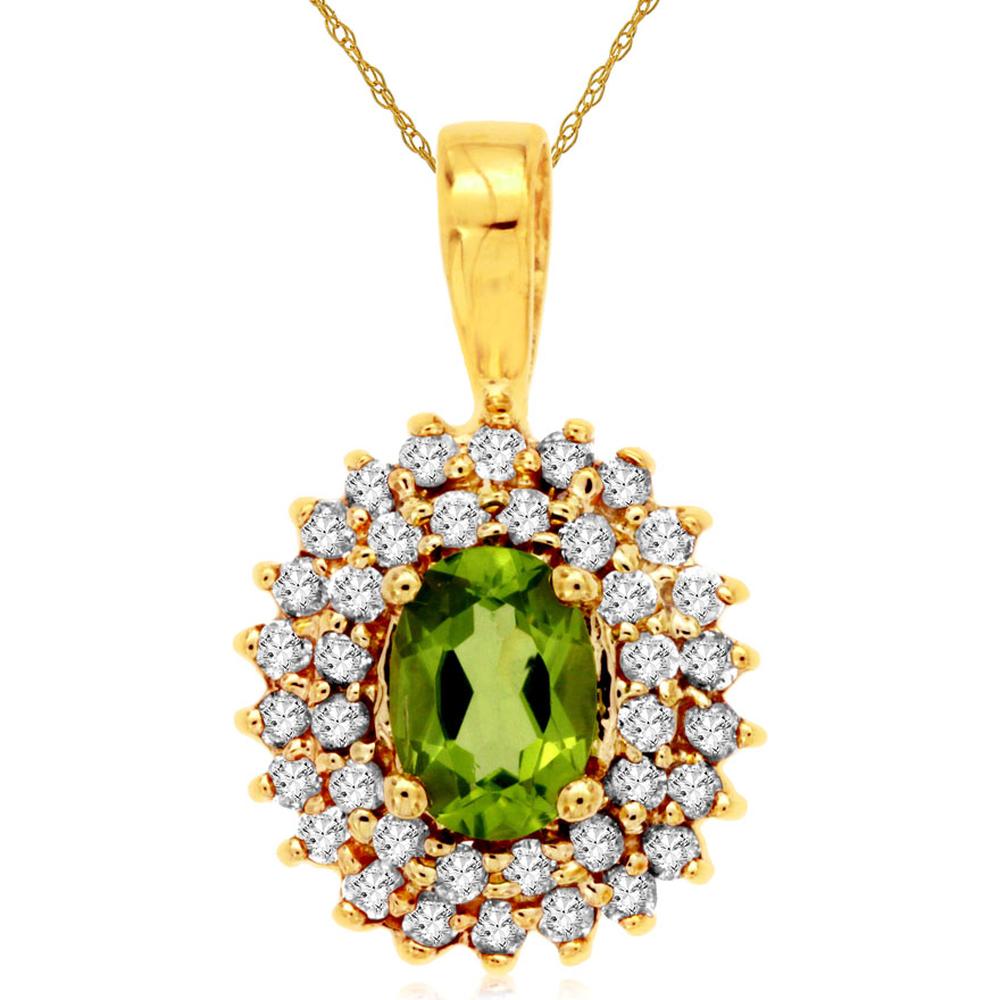 Royal 14K Yellow Gold Pendant with Oval Peridot and Round Diamond Halo - 0.80 Carats Peridot and 0.55 Carats Diamonds