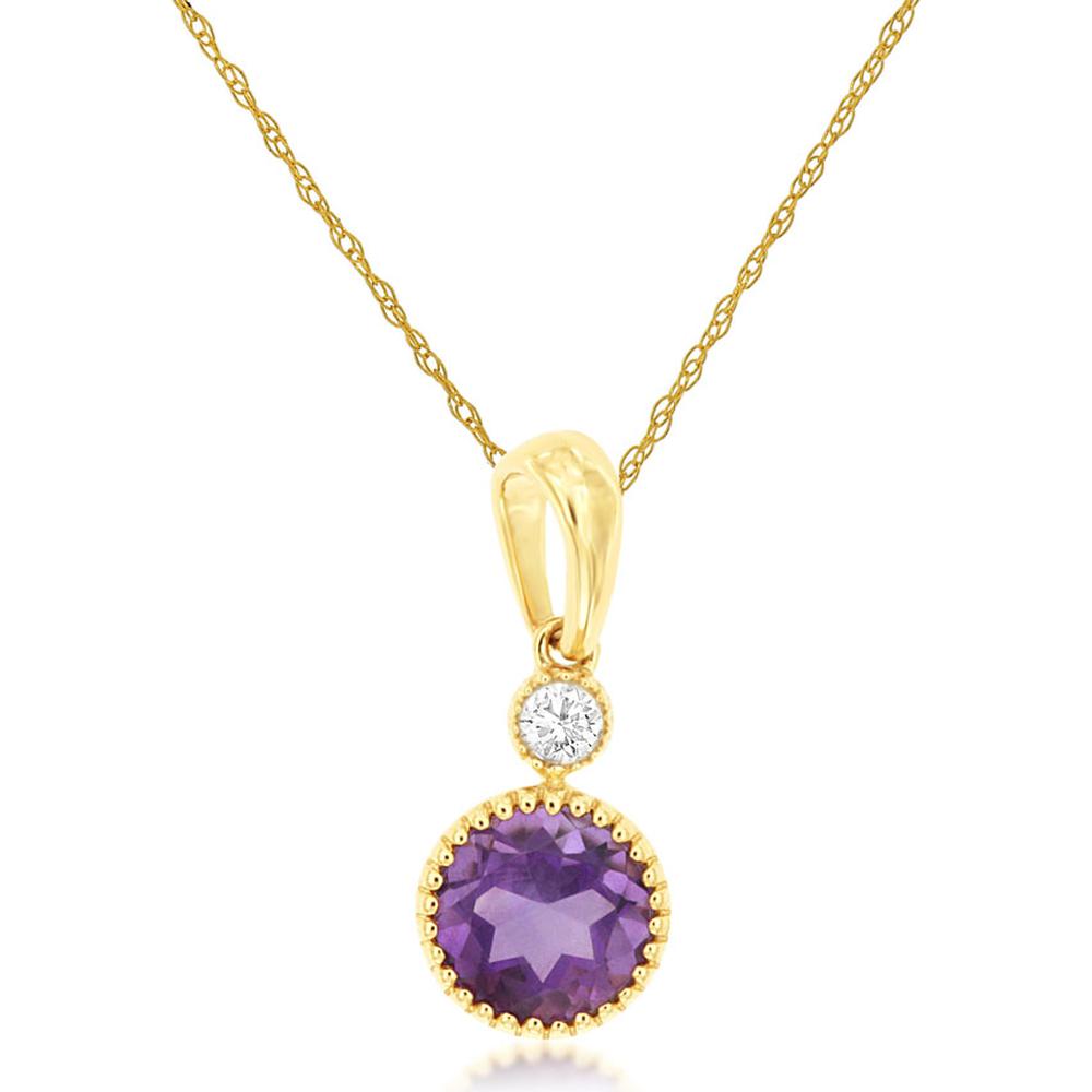 Royal 14K Yellow Gold Pendant with Round Amethyst and Diamond Accent - 0.42 Carat Amethyst and 0.03 Carat Diamond