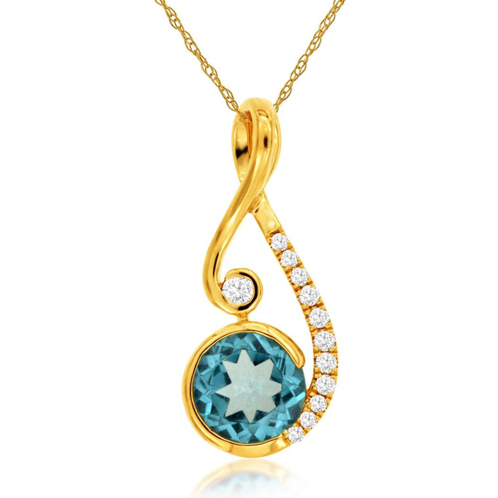Royal 14K Yellow Gold Pendant with Round Blue Topaz and Diamond Accent - 0.83 Carat Total Gem Weight