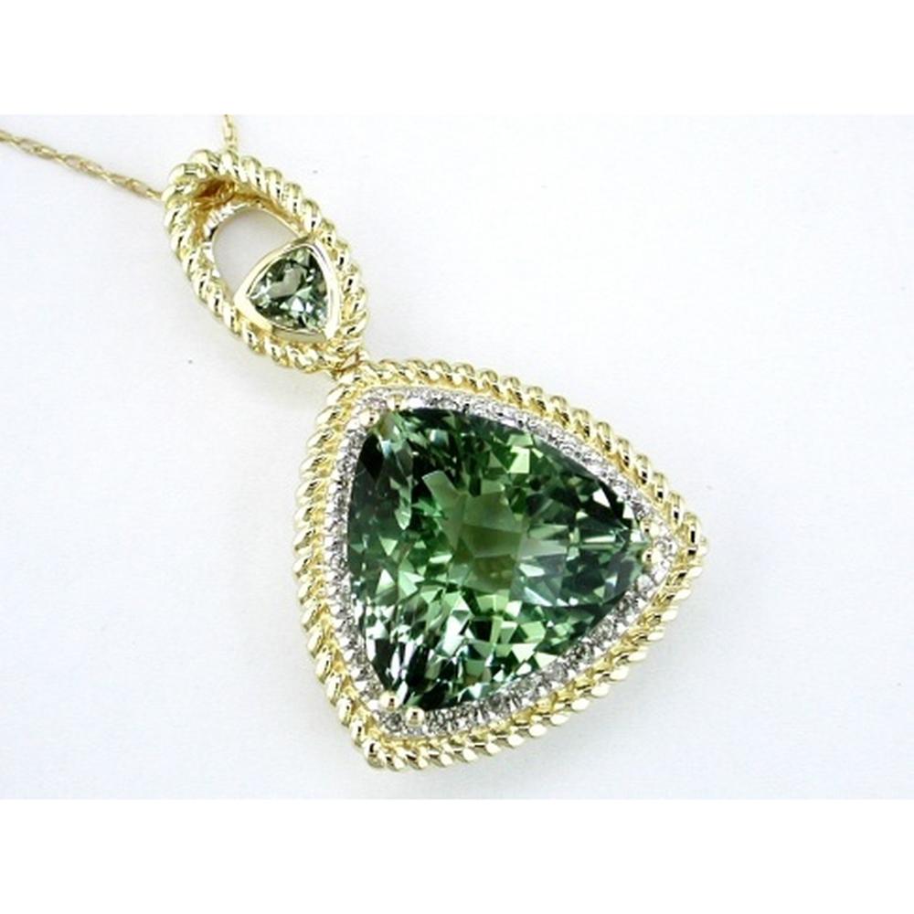 Royal 14K Yellow Gold Pendant with Trillion Cut Green Amethyst and Round Diamonds - 11.16 Carat Total Gem Weight