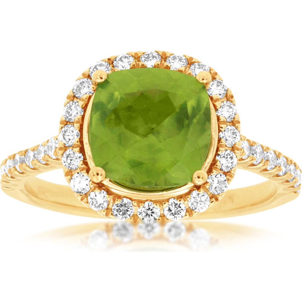 Royal 14K Yellow Gold Peridot and Diamond Cushion-Cut Ring - 2.00 Carat Peridot, Diamond Accent
