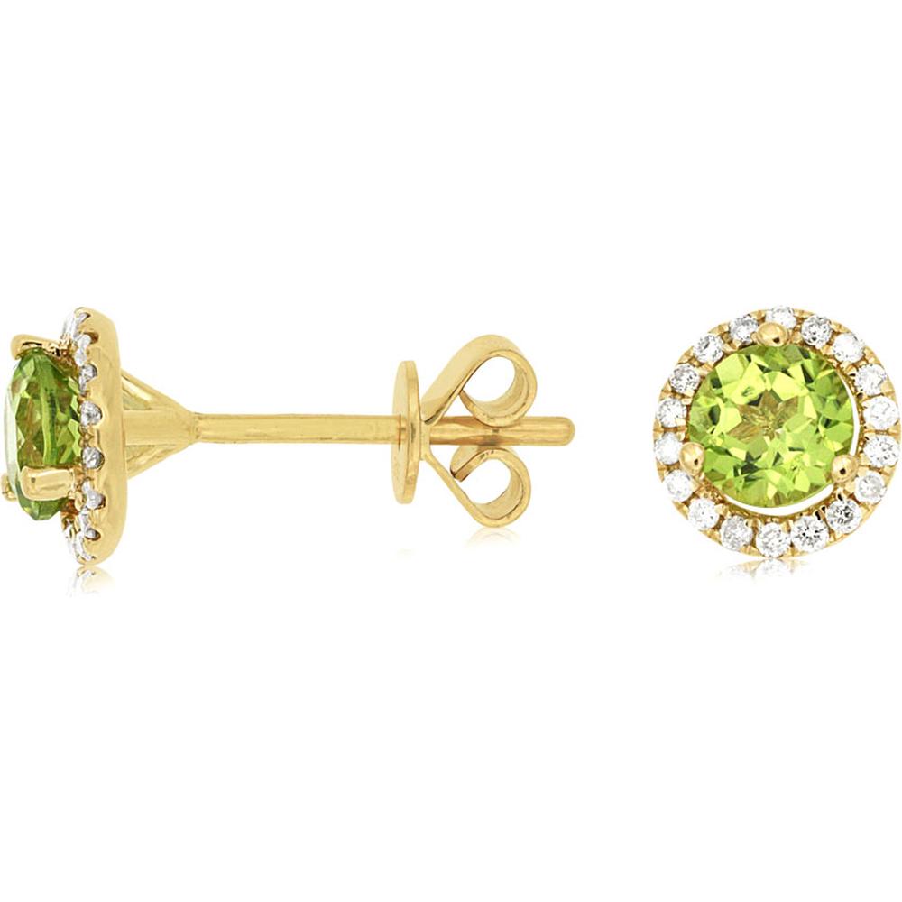 Royal 14K Yellow Gold Peridot and Diamond Halo Stud Earrings - 0.85 Carat Peridot, 0.14 Carat Diamond Total Weight