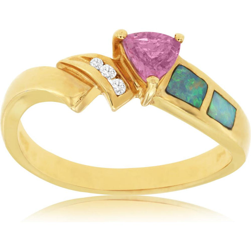 Royal 14K Yellow Gold Pink Sapphire & Diamond Ring - Exquisite Trillion Cut