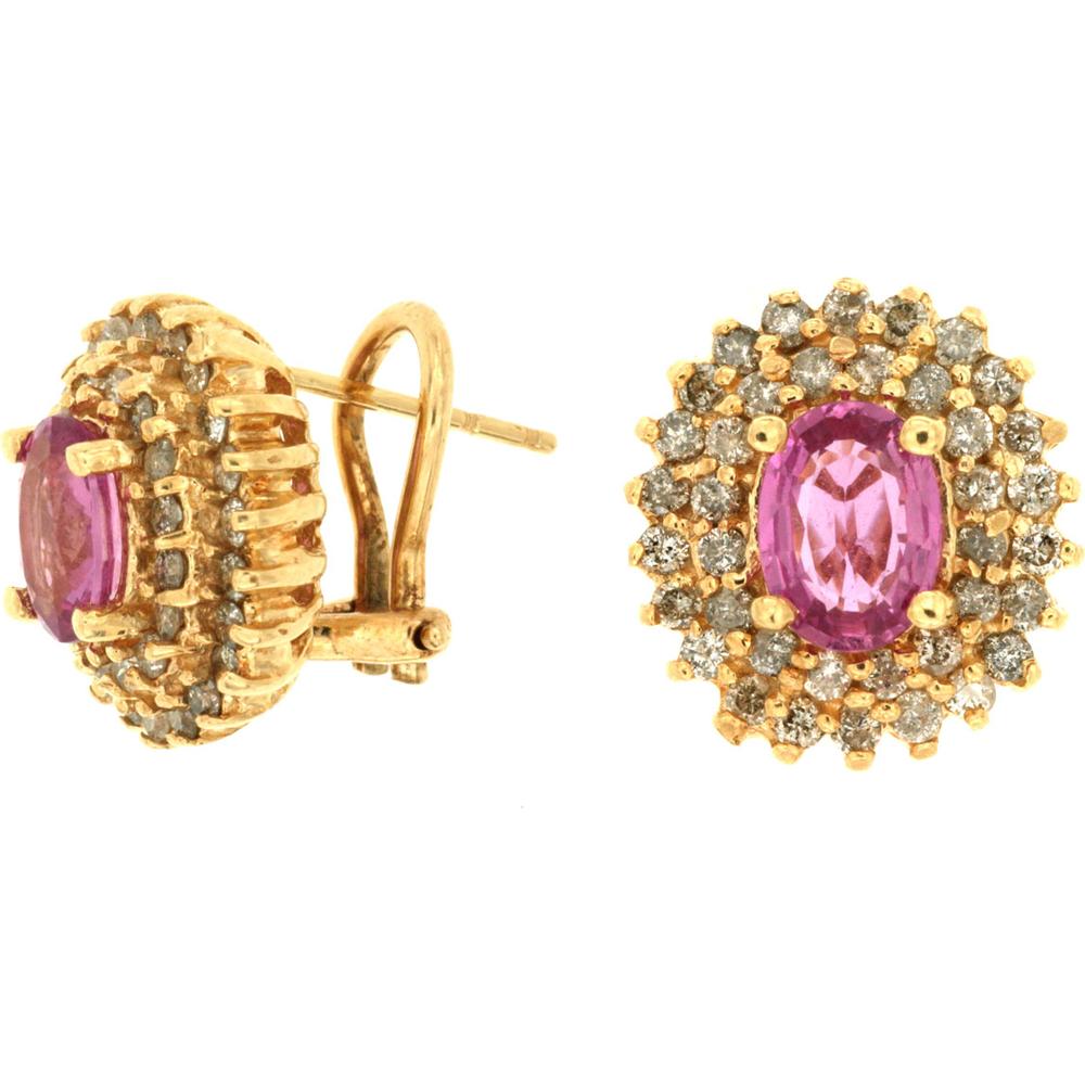 Royal 14K Yellow Gold Pink Sapphire Halo Diamond Earrings - 1.14 Carat Total Diamond Weight