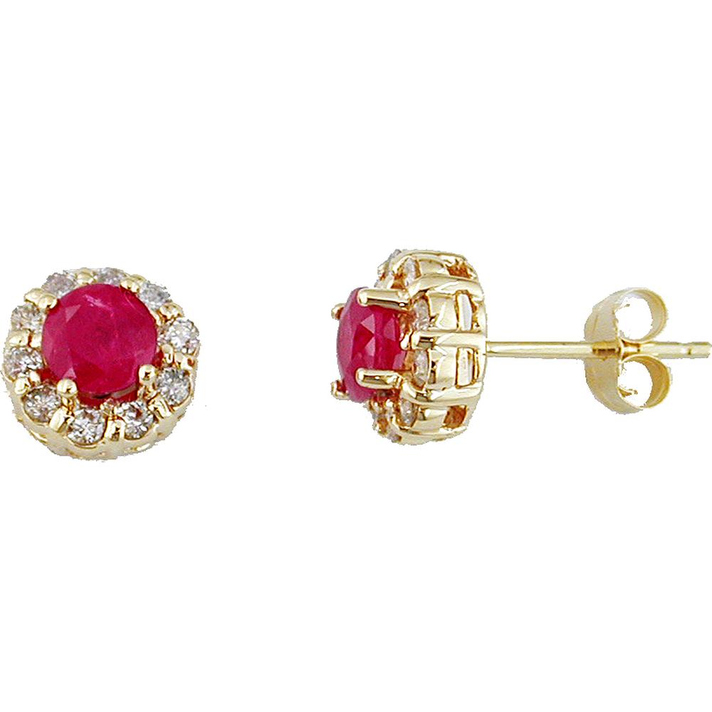 Royal 14K Yellow Gold Princess Di Ruby & Diamond Halo Stud Earrings - 0.90 Carat Ruby, 0.40 Carat Total Diamond Weight