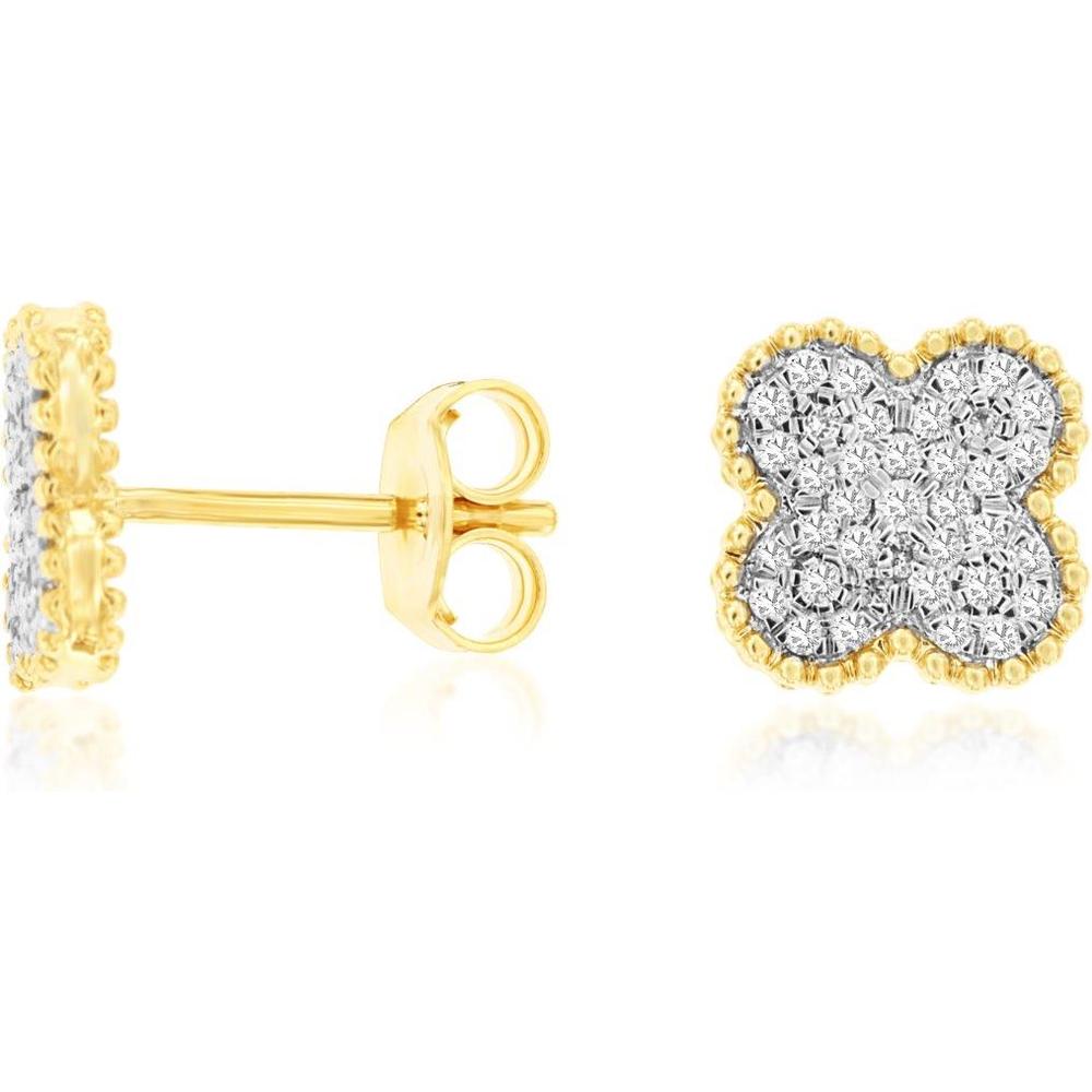 Royal 14K Yellow Gold Quatrefoil Diamond Stud Earrings with Milgrain Detailing - 0.25 Carats Total Diamond Weight