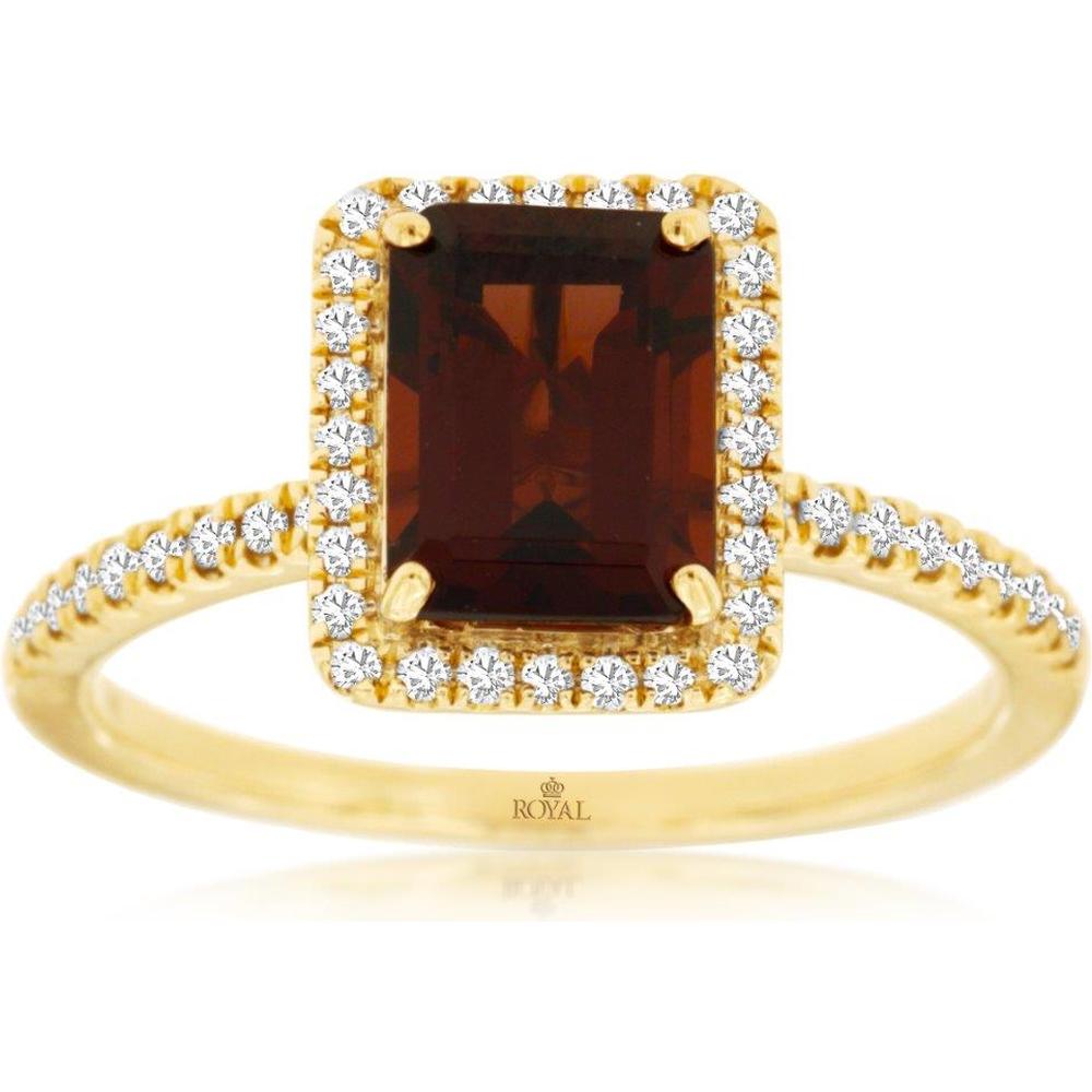 Royal 14K Yellow Gold Re Caratangular Garnet and Diamond Halo Ring - 2.2 Carat Garnet and 0.20 Carat Total Diamond Weight