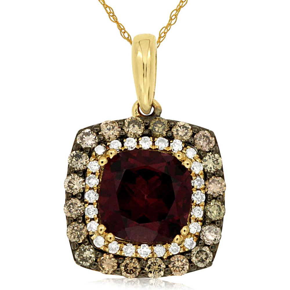 Royal 14K Yellow Gold Rhodolite & Diamond Pendant with Cushion Cut Rhodolite - 1.20 Carats Rhodolite and 0.14 Carats Mocha Diamonds