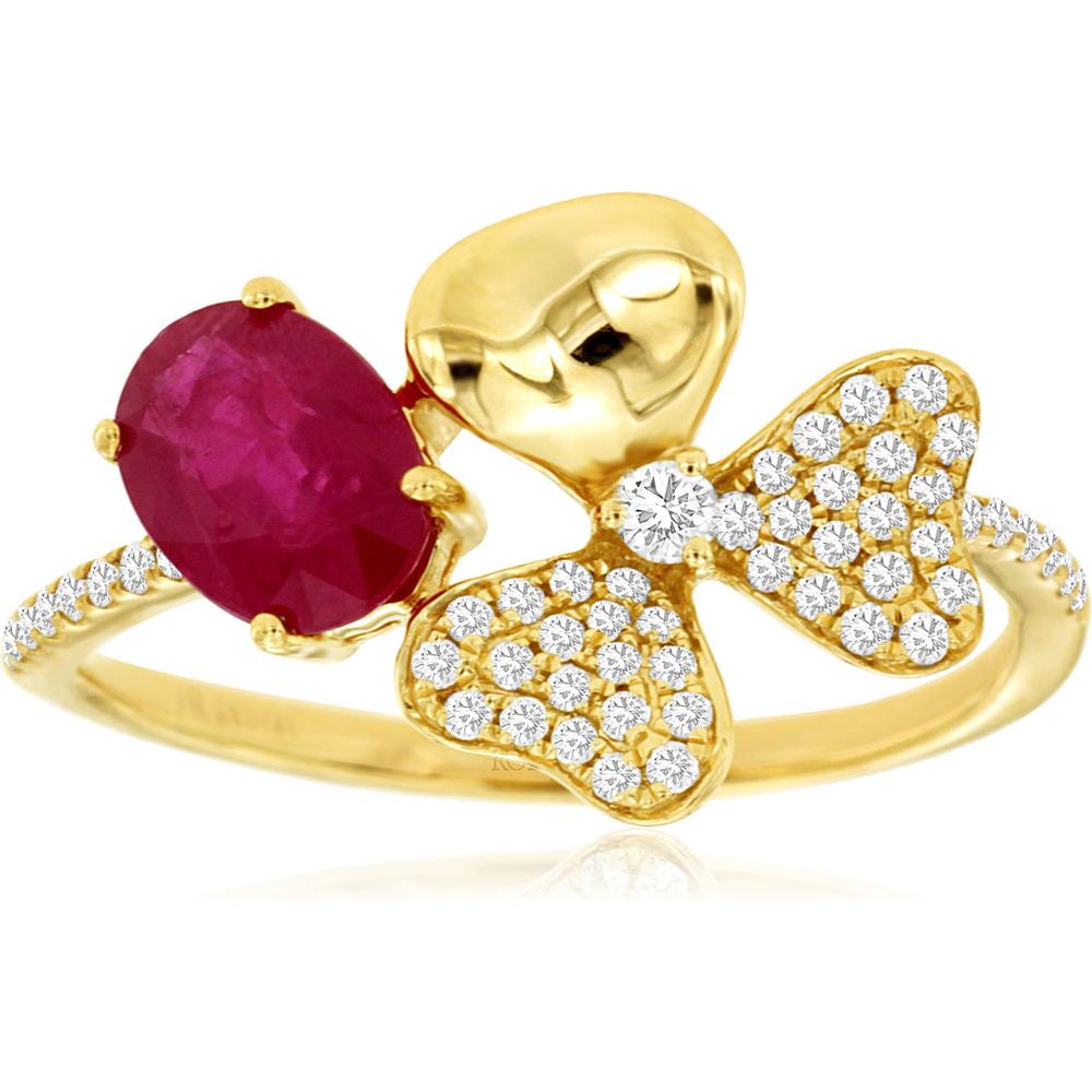 Royal 14K Yellow Gold Ring with 0.90 Carat Oval Ruby and 0.22 Carat Diamond Butterfly Motif