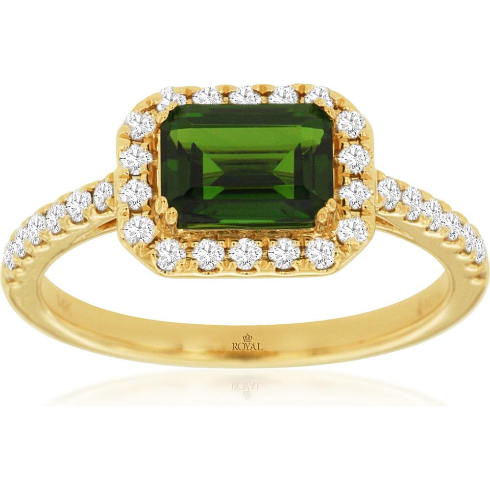 Royal 14K Yellow Gold Ring with 1.00 Carat Emerald-Cut Russalite and 0.33 Carat Diamond Halo