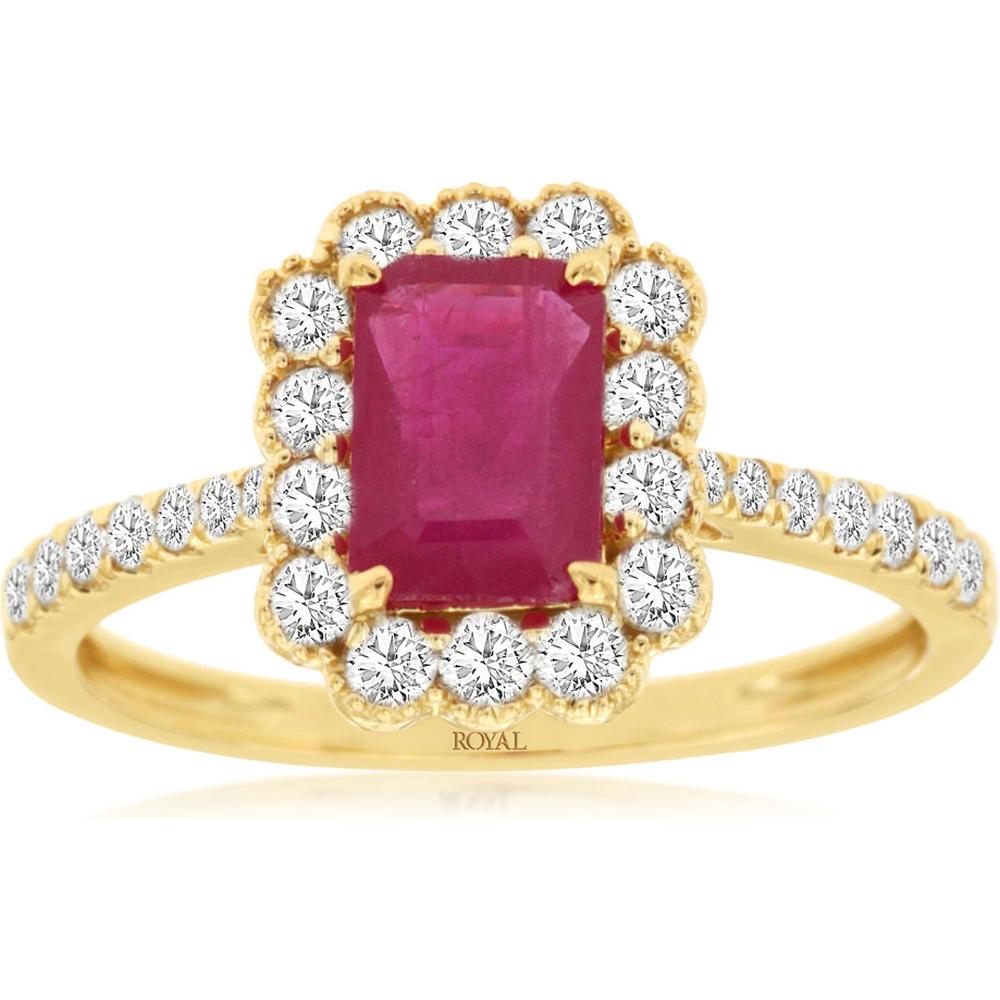 Royal 14K Yellow Gold Ring with 1.10 Carat Emerald-Cut Ruby and 0.48 Carat Diamond Halo