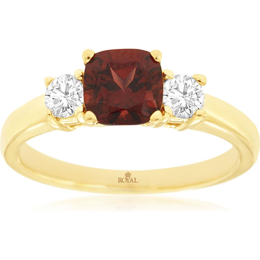 Royal 14K Yellow Gold Ring with 1.25 Carat Cushion Garnet and 0.30 Carat Round Diamonds