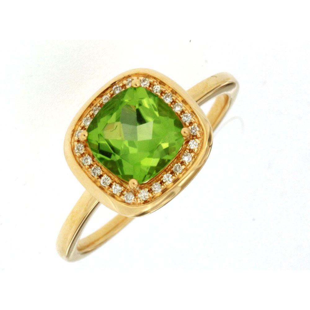 Royal 14K Yellow Gold Ring with 1.65 Carat Cushion Cut Peridot and Diamond Halo - 0.09 Carat Total Diamond Weight