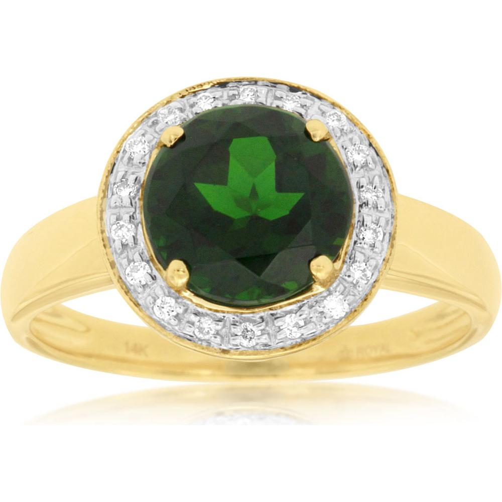 Royal 14K Yellow Gold Ring with 2.00 Carat Round Russalite and Diamond Halo - 0.08 Carat Total Diamond Weight