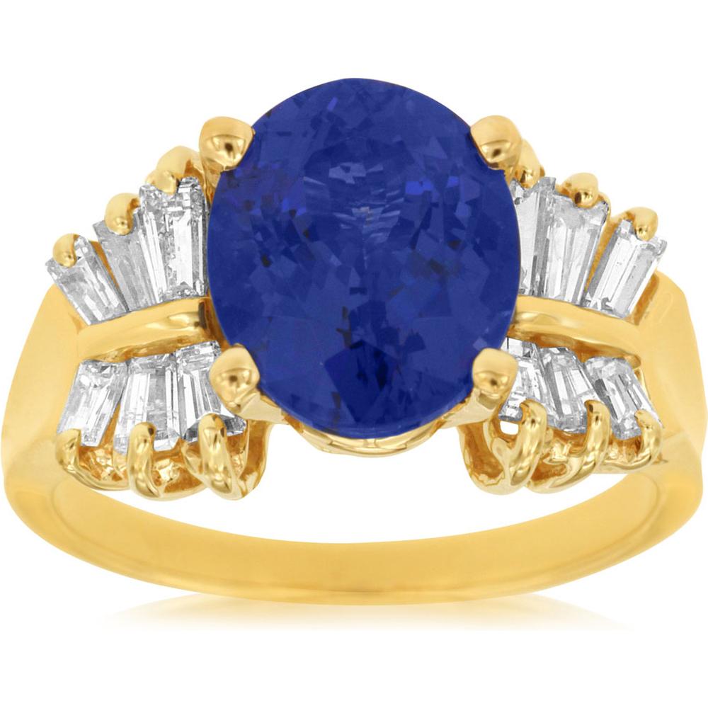 Royal 14K Yellow Gold Ring with 4.30 Carat Oval-Cut Tanzanite and 1.08 Carat Diamond Accents