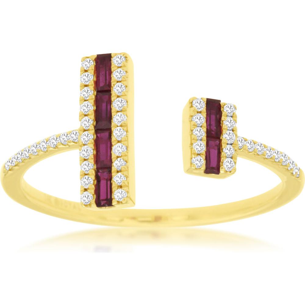 Royal 14K Yellow Gold Ring with Baguette Rubies and Round Diamonds - 0.36 Carat Total Gem Weight