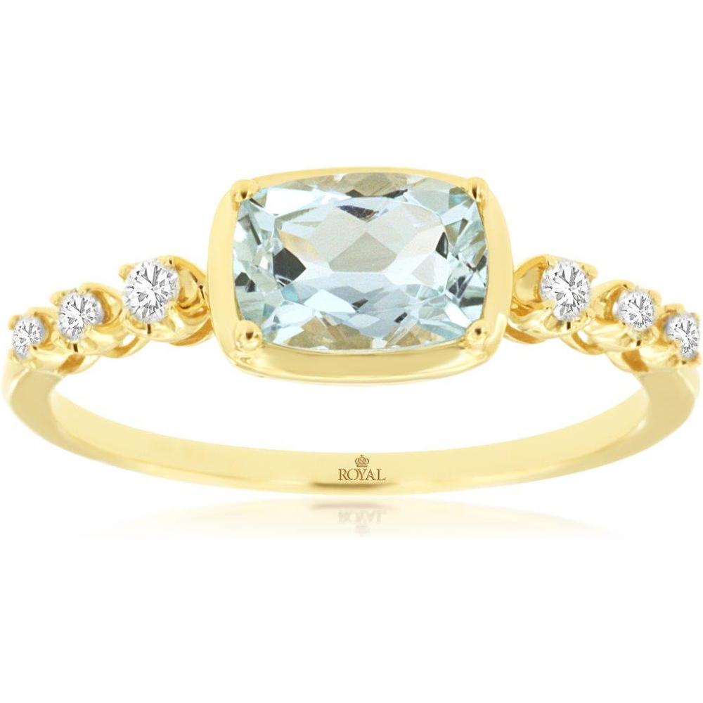 Royal 14K Yellow Gold Ring with Cushion Cut 0.75 Carat Aquamarine and 0.14 Carat Diamonds